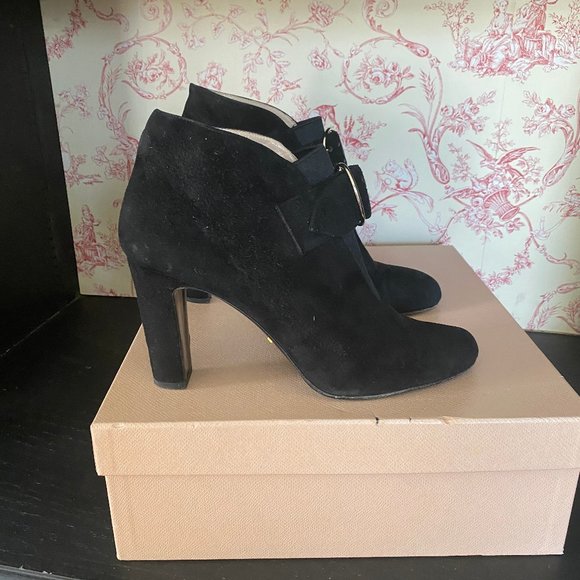 Prada Buckle-Strap Ankle Boots Black Suede Size 39 High Heel Booties - Picture 3 of 7